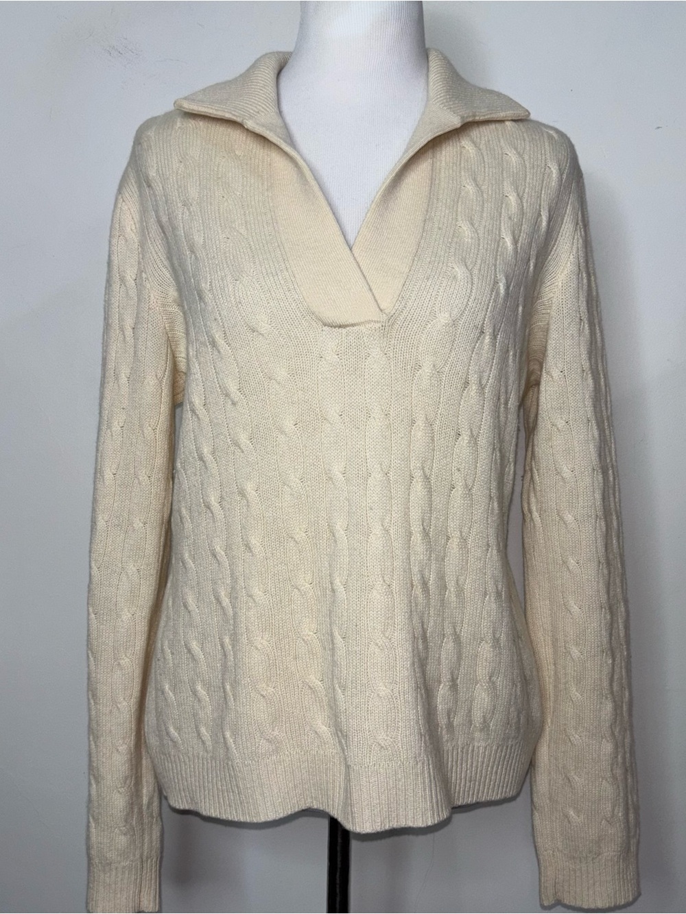 Ralph Lauren Cashmere Sweater XL Black Label Cable Knit Ivory V-Neck Collar
